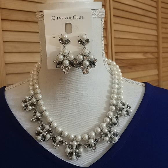 Charter Club Jewelry - STUNNING Rhodium Twilight Pearl & Crystal Necklace & Earrings
